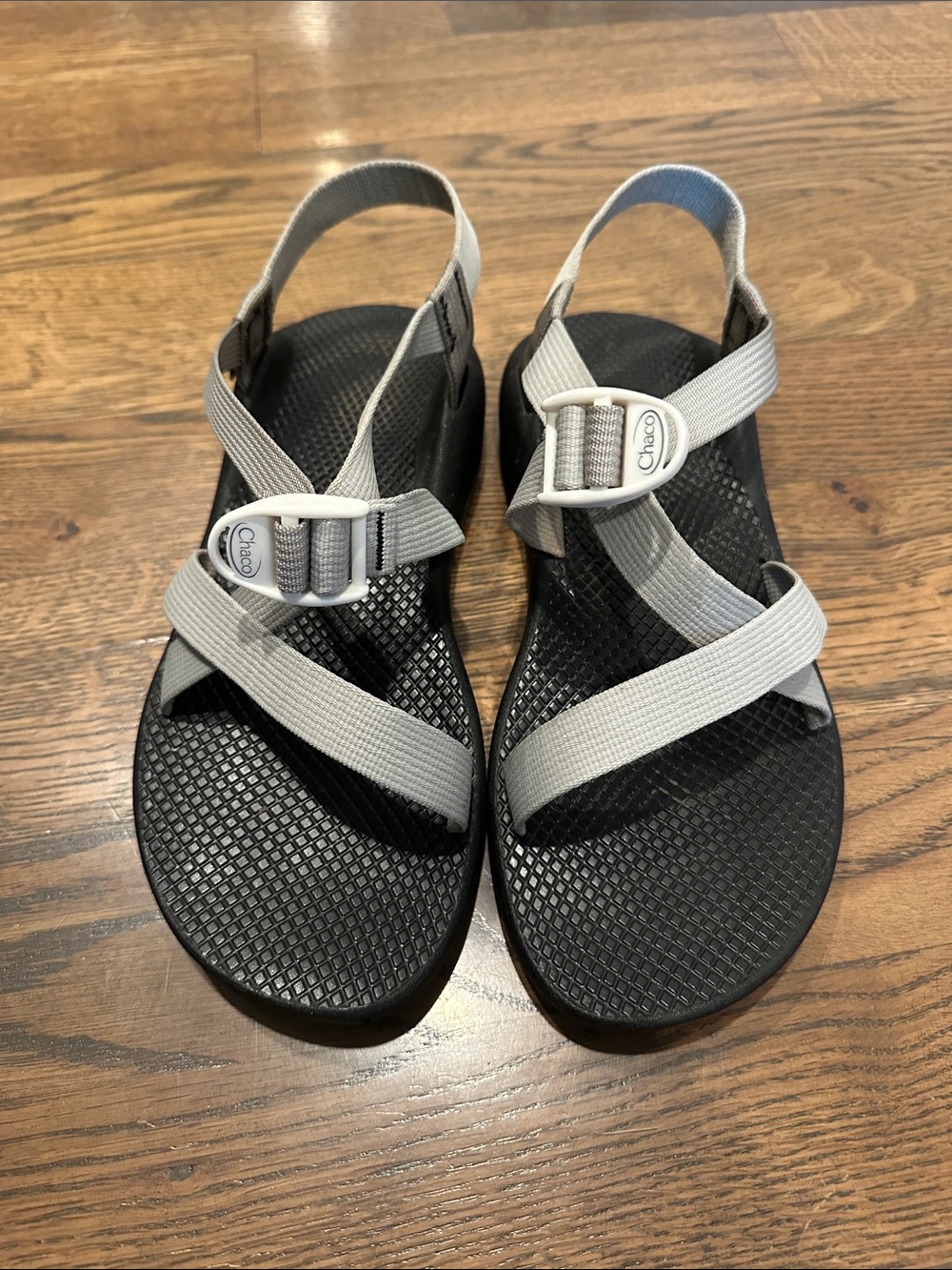 Chaco Light Gray Strap Sandals with Black Footbed